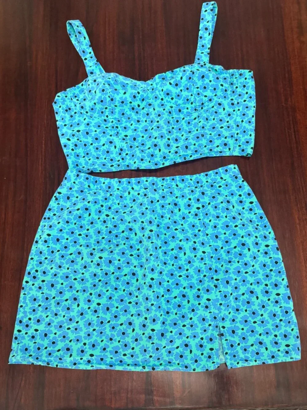 Topshop Blue Daisy Corset Crop Top Mini Skirt Set Size 10